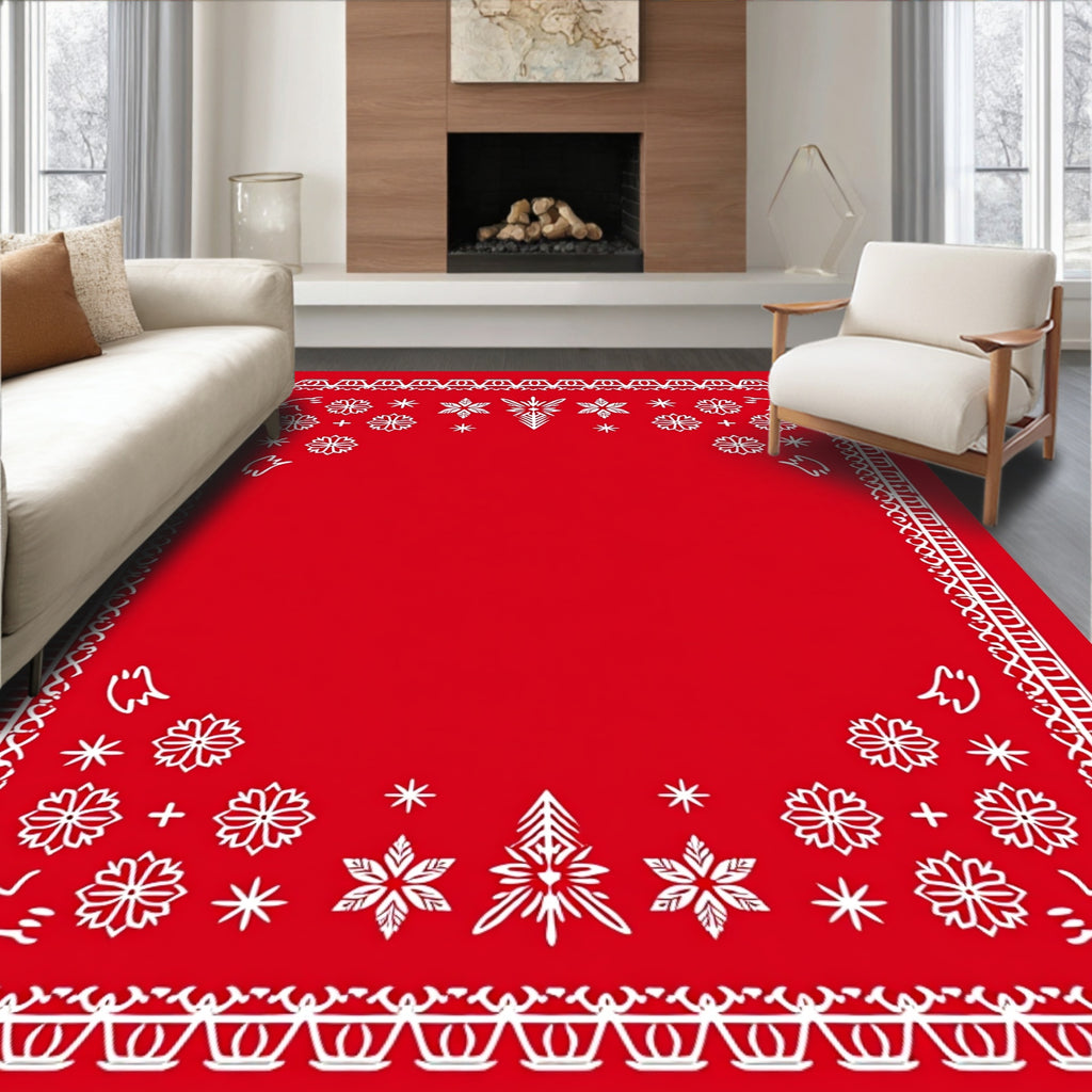 Red White Winter Snowflake Christmas Tree Border Rug