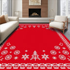Red White Winter Snowflake Christmas Tree Border Rug