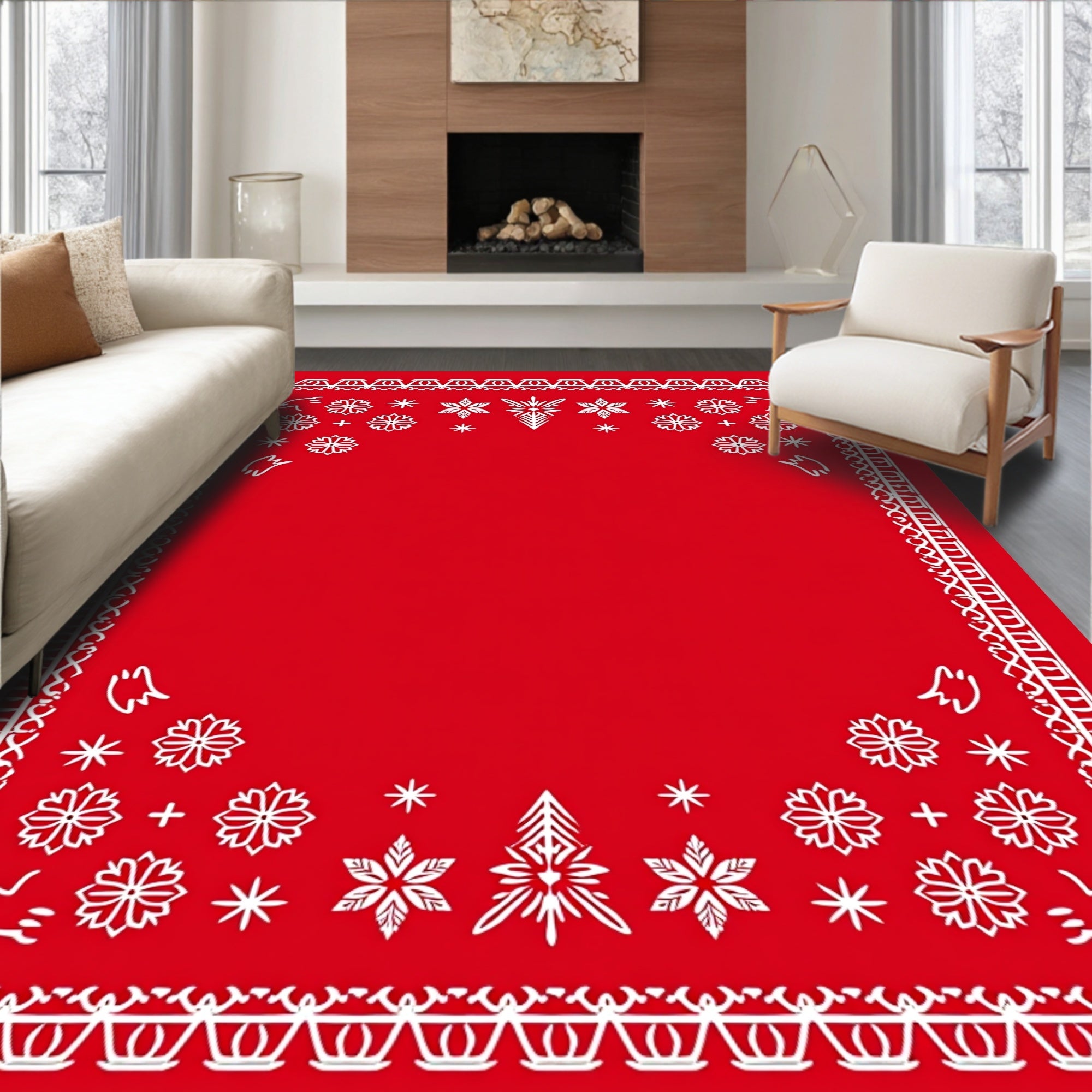 Red White Winter Snowflake Christmas Tree Border Rug