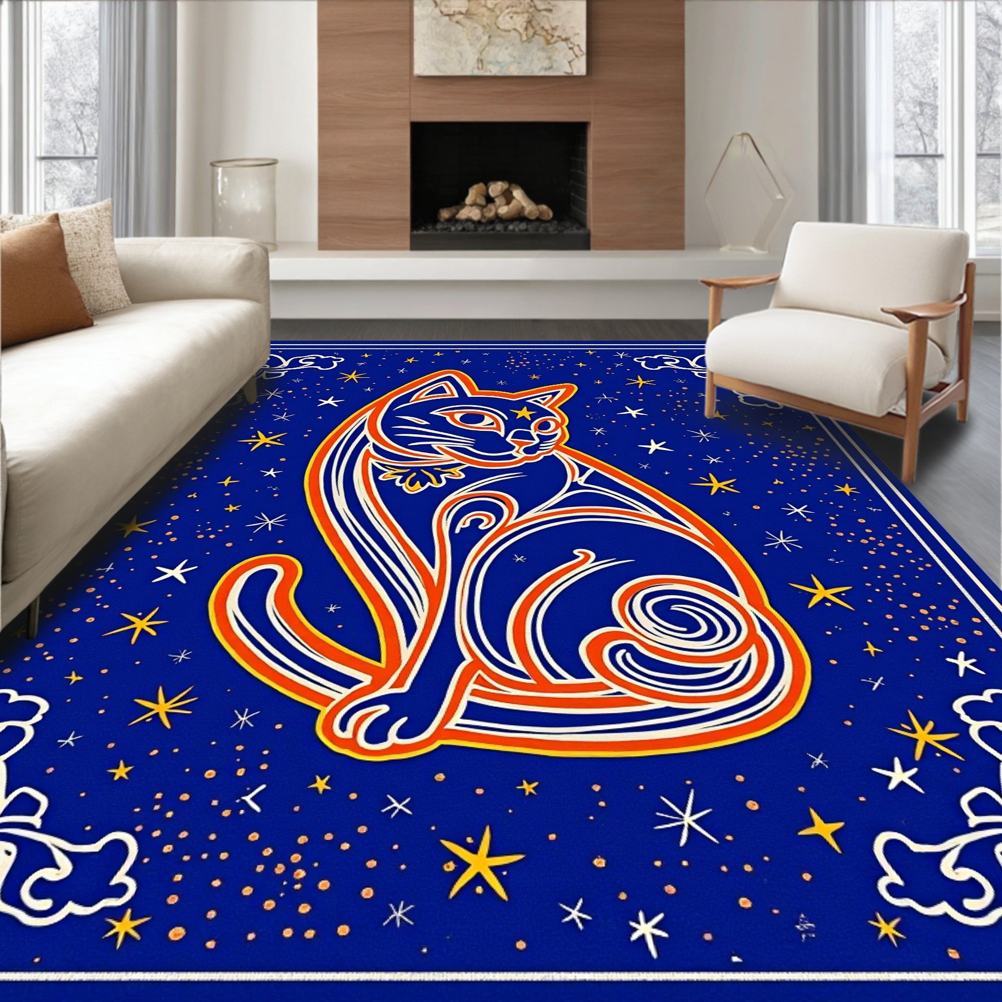 Cosmic Blue Cat Starry Night Rug