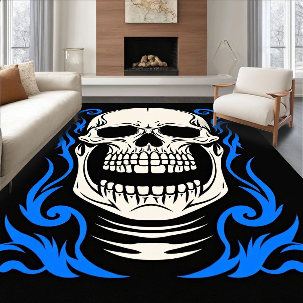Vivid Blue Flame Skull Rug