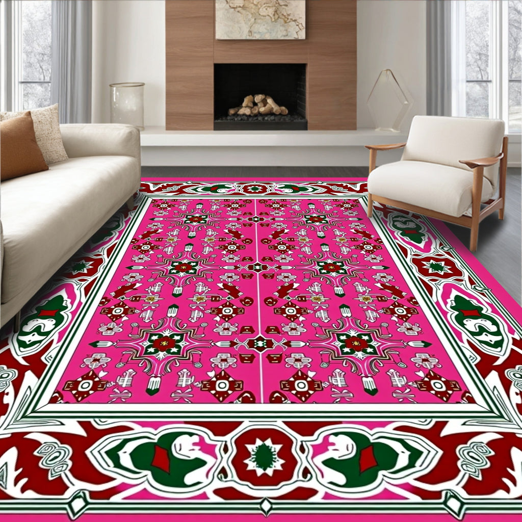Pink Jewel Tone Geometric Floral Medallion Rug