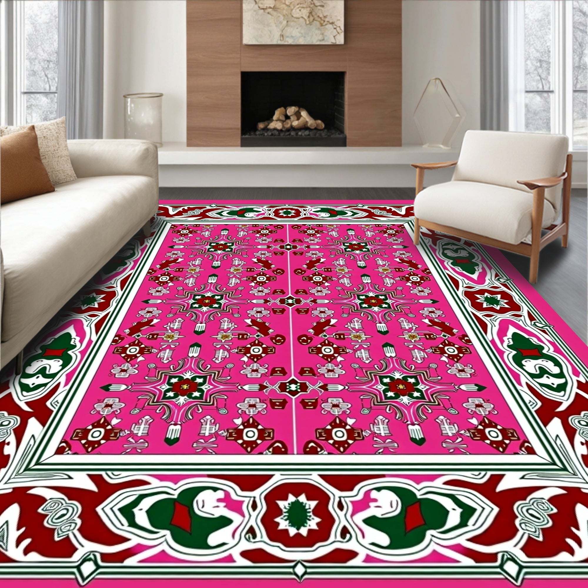 Pink Jewel Tone Geometric Floral Medallion Rug