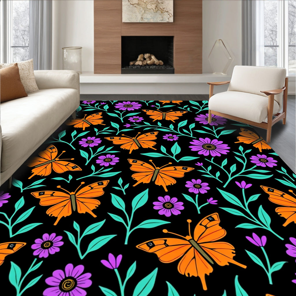 Vibrant Orange Butterfly Floral Garden Rug