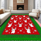 Holiday Reindeer Snowflakes Red Green Trim Rug
