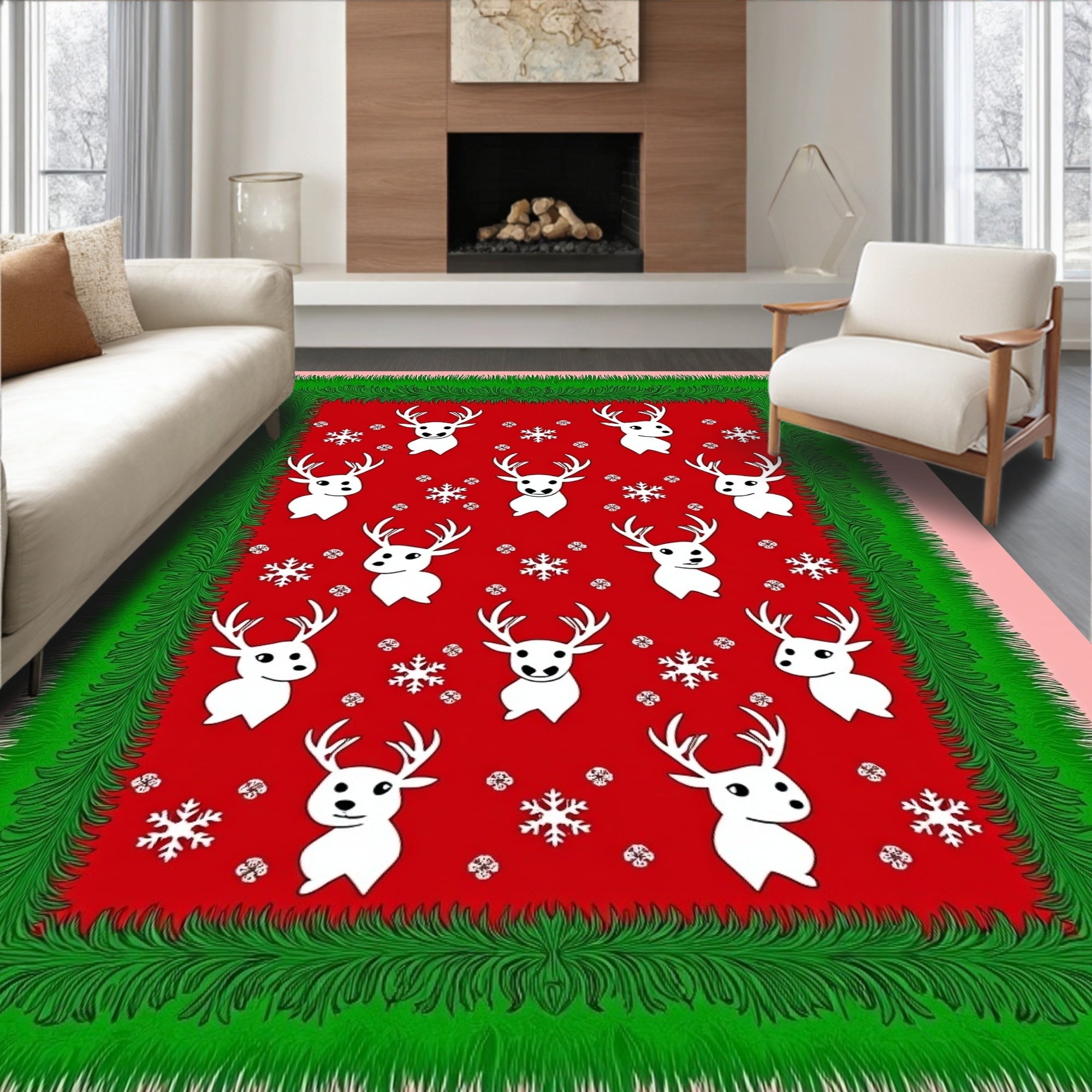 Holiday Reindeer Snowflakes Red Green Trim Rug