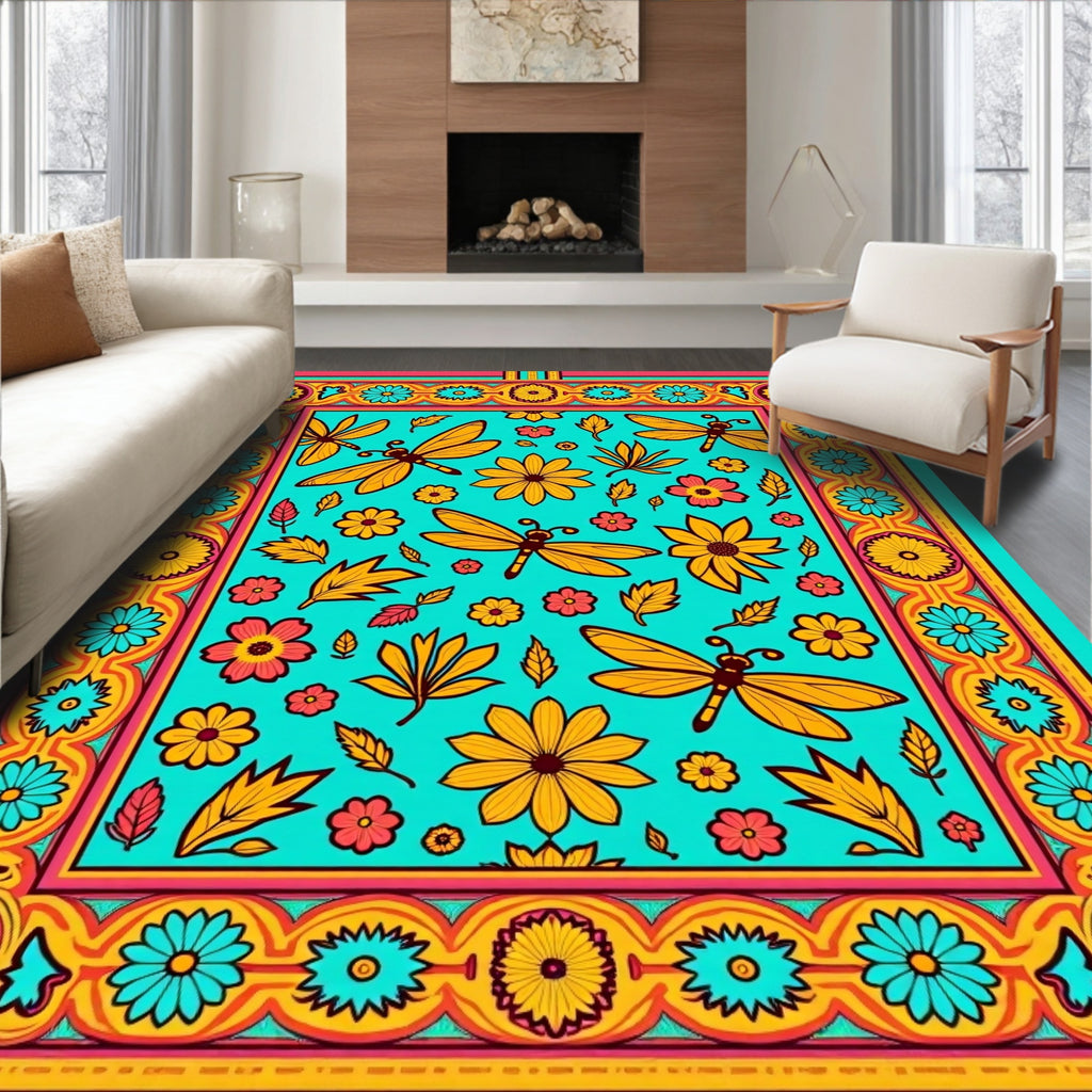 Teal Orange Dragonfly Floral Border Rug