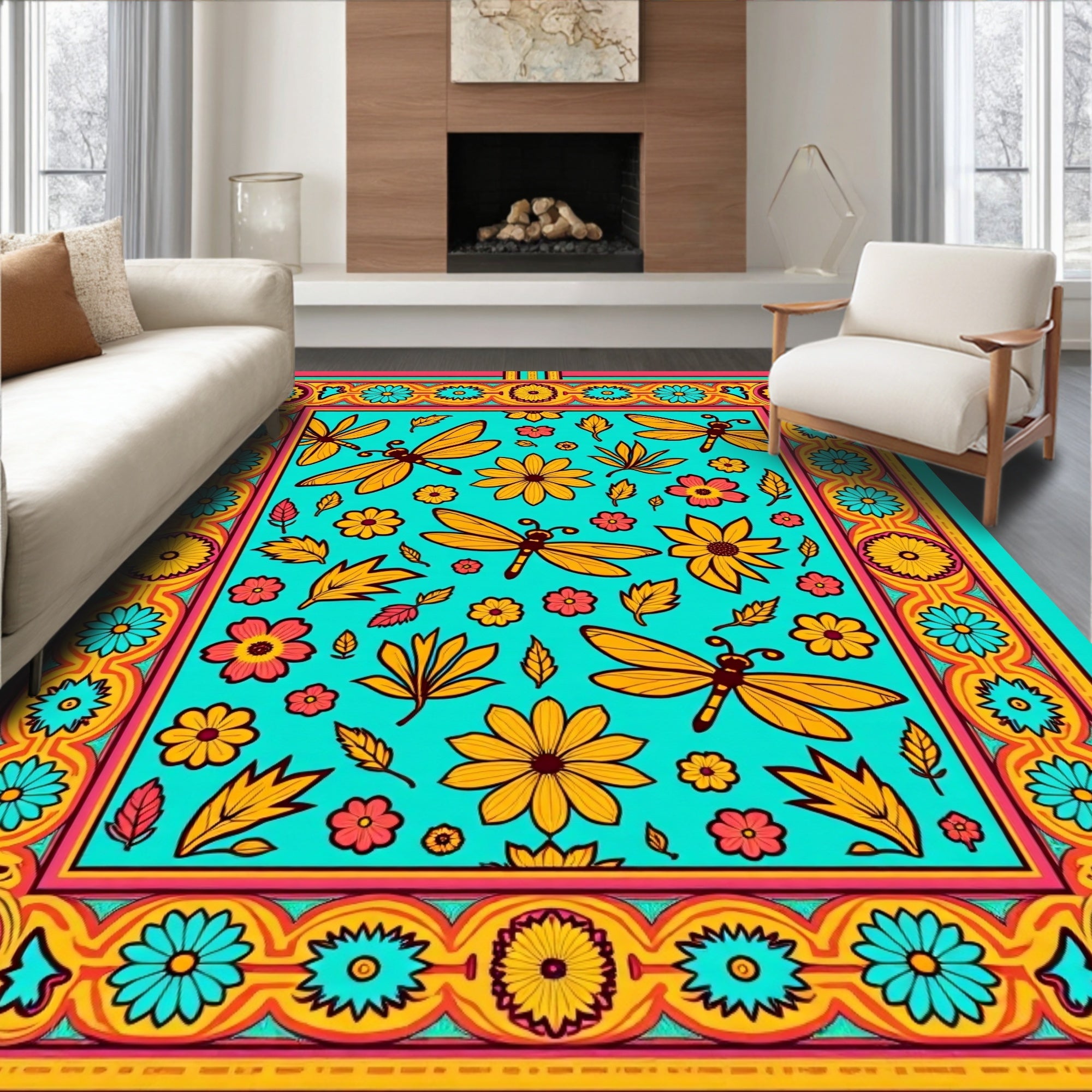 Teal Orange Dragonfly Floral Border Rug
