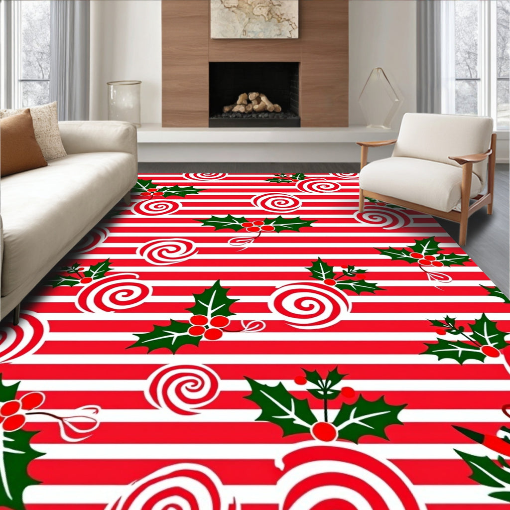 Red White Swirls Holly Christmas Stripes Rug
