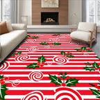 Red White Swirls Holly Christmas Stripes Rug