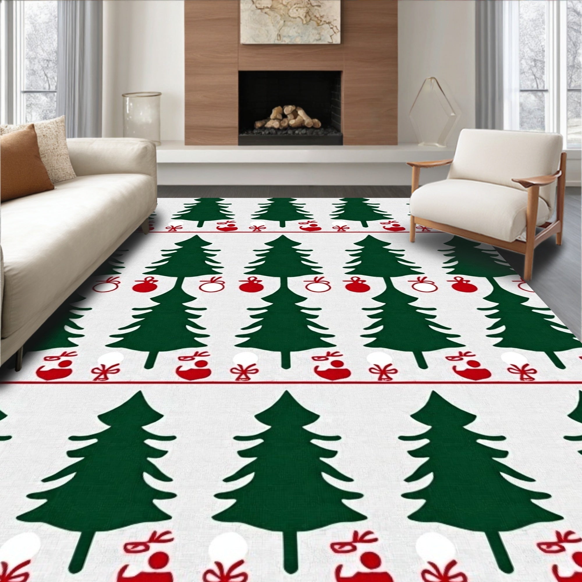 Green Tree Red Bauble Holiday Collection Rug