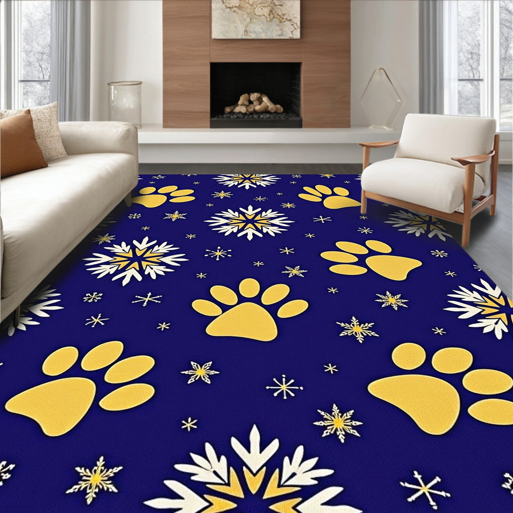 Gold Paw Snowflakes Blue Rug