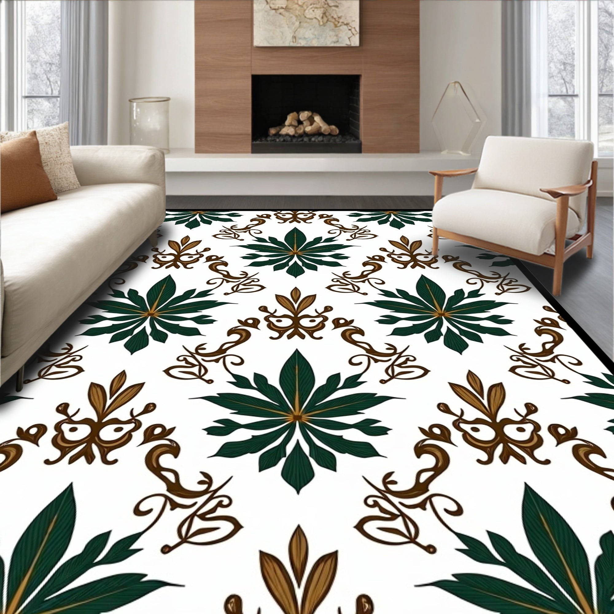 Emerald Forest Scrollwork Damask Rug