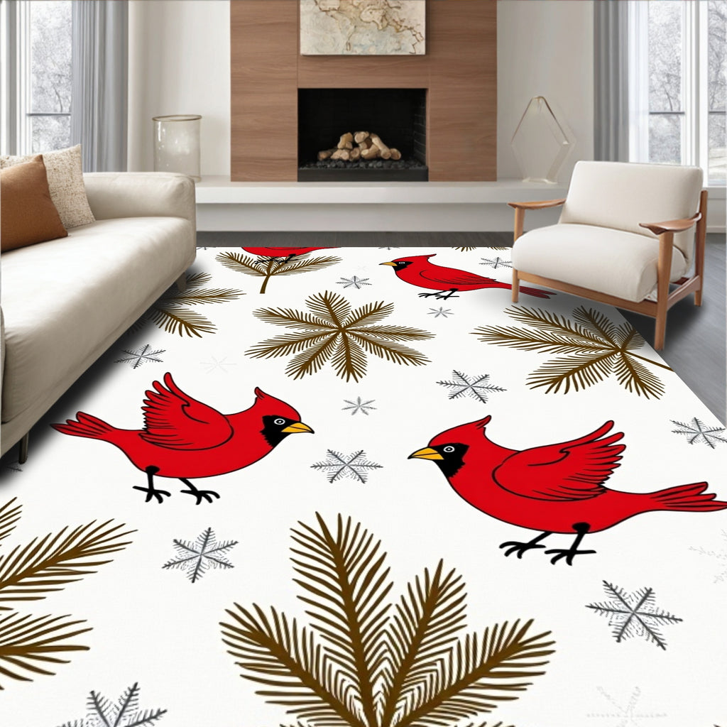 Red Cardinals Winter Snowflakes Pine Sprigs Rug