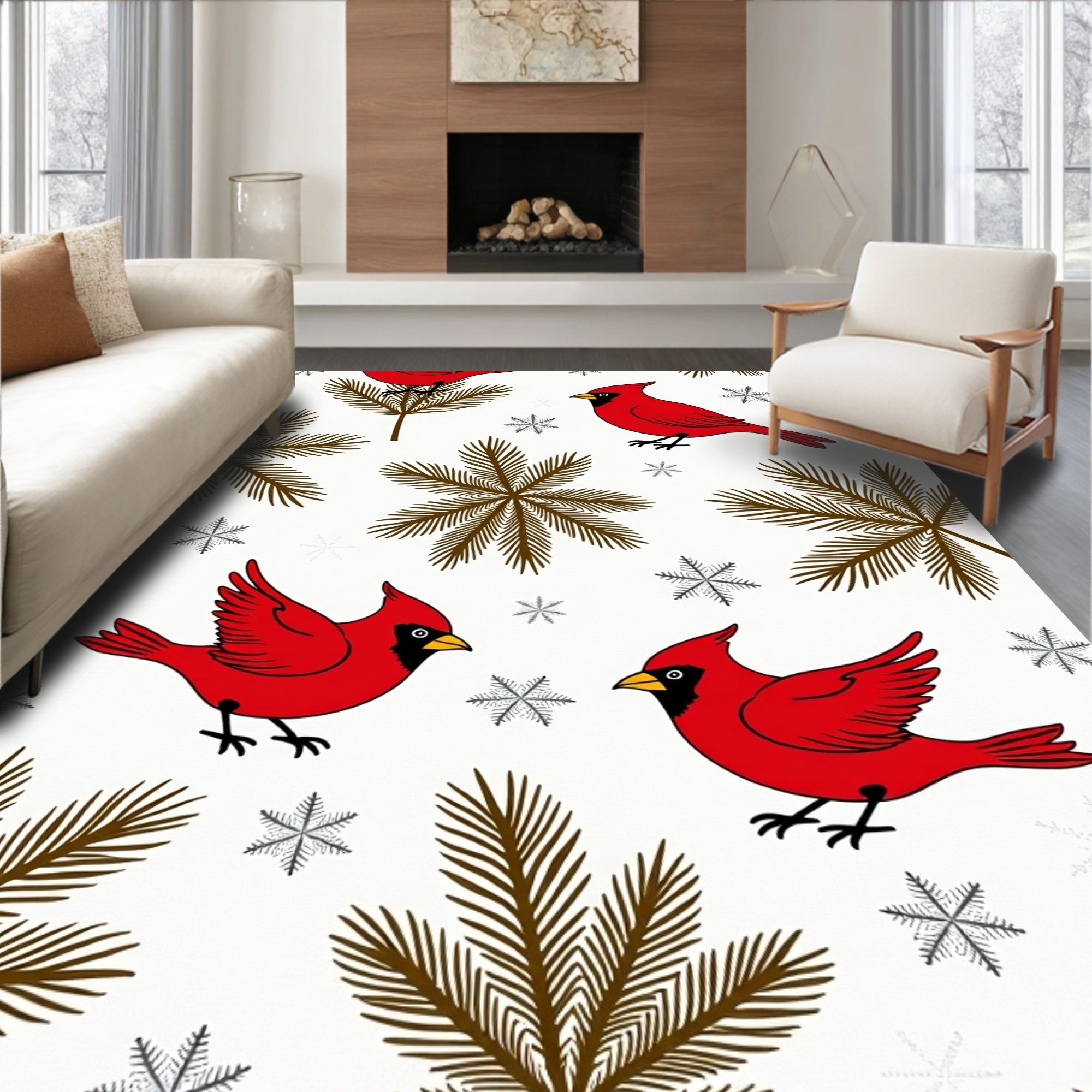 Red Cardinals Winter Snowflakes Pine Sprigs Rug