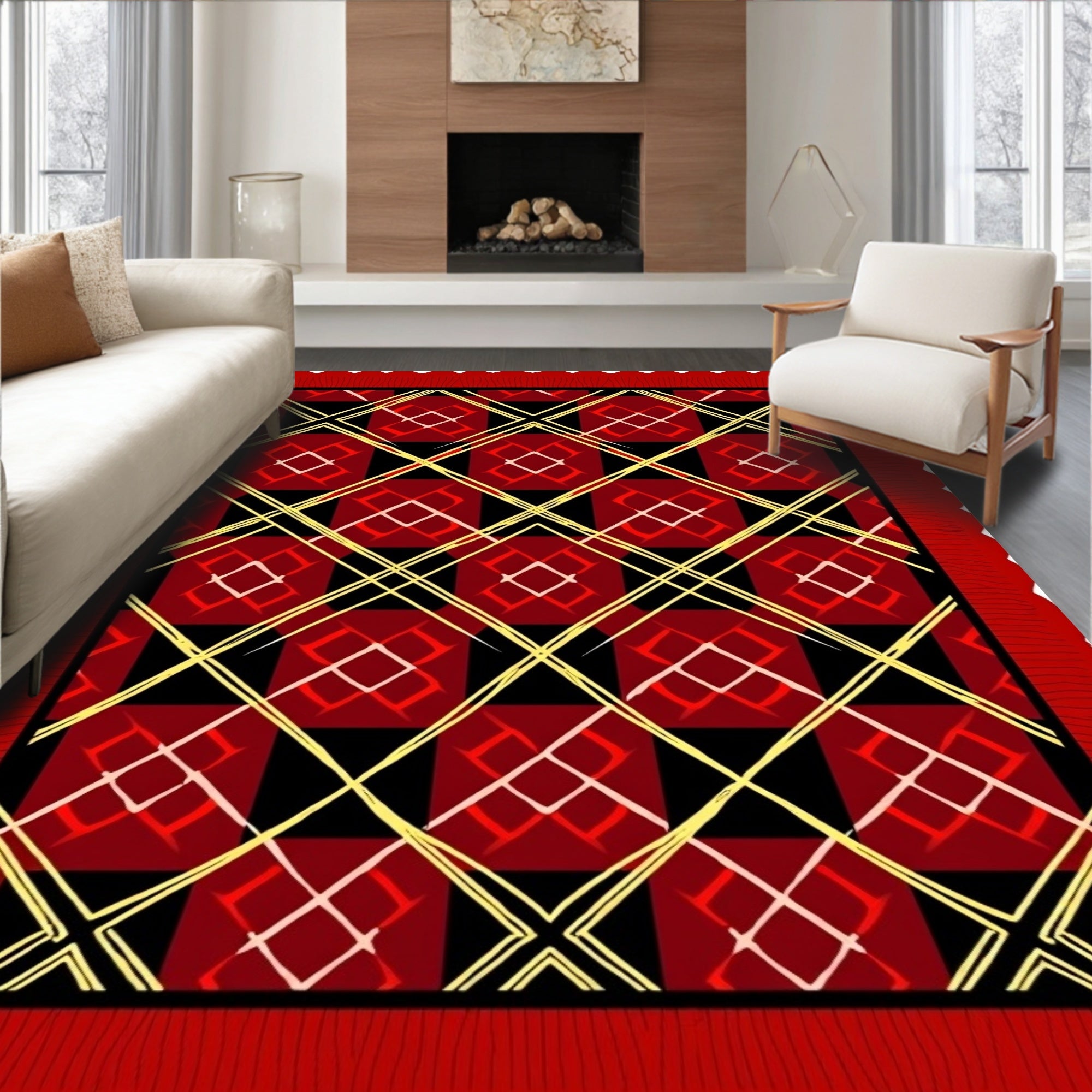 Red Yellow Black Diamond Overlay Rug
