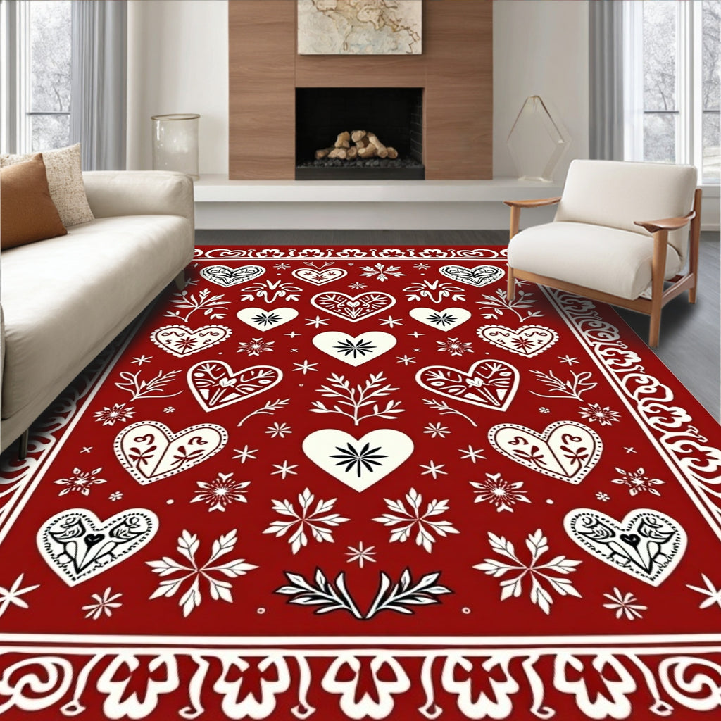 Crimson White Heart Folk Art Rug