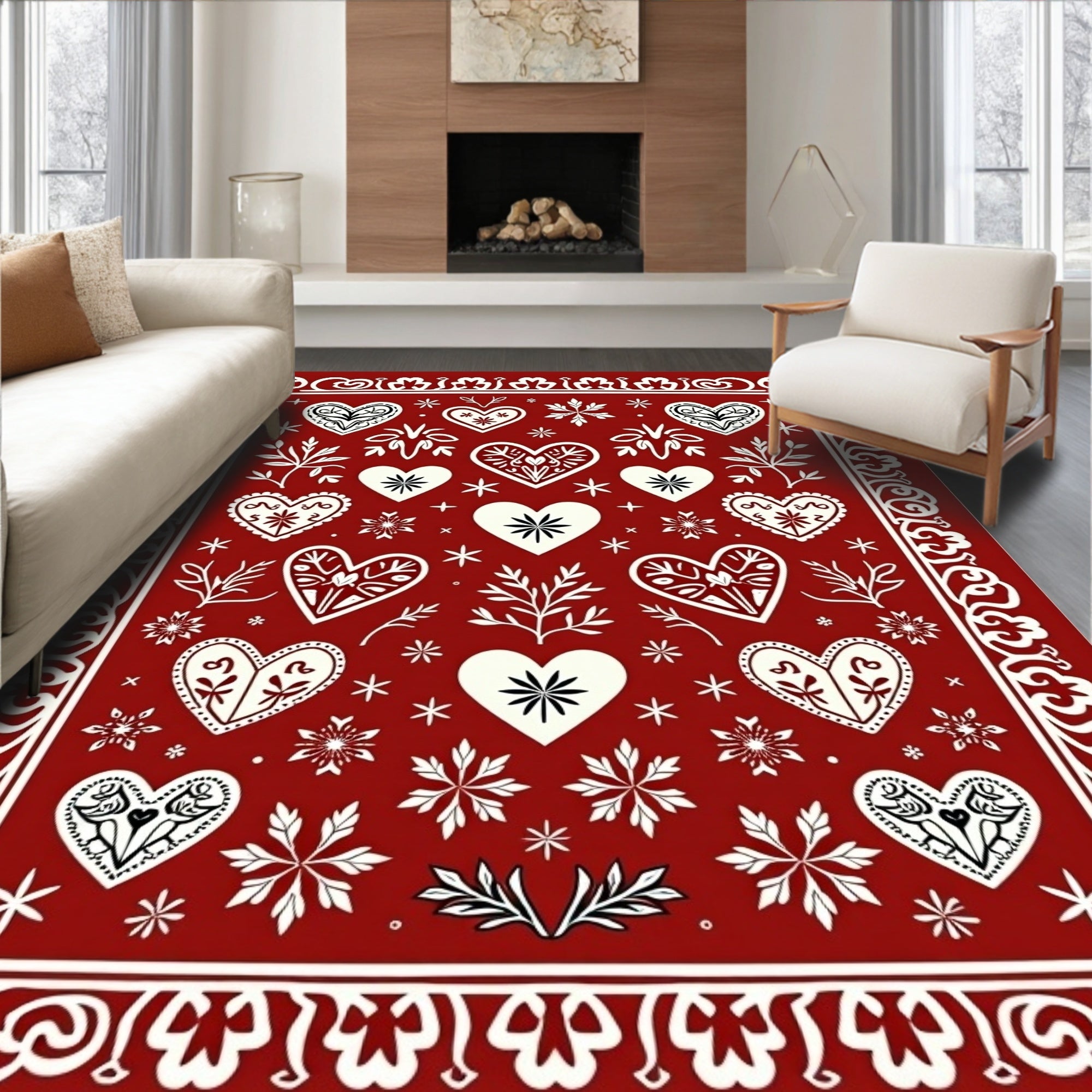 Crimson White Heart Folk Art Rug