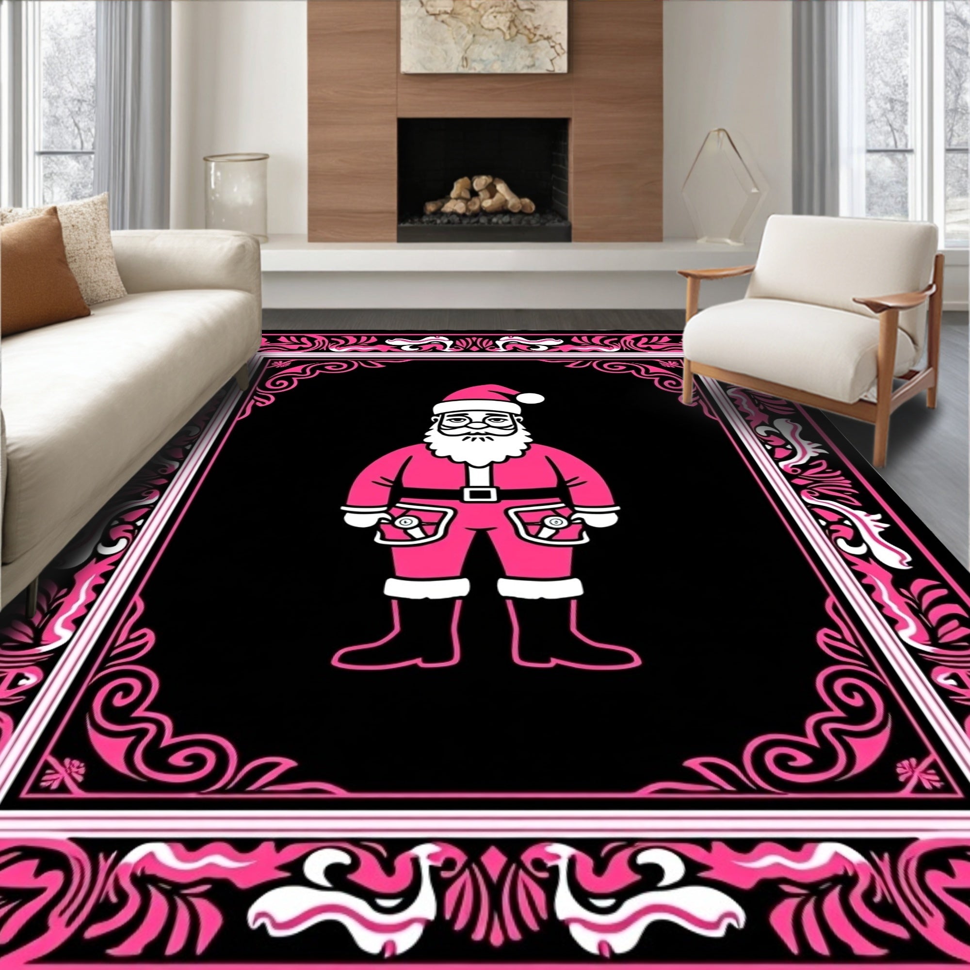 Hot Pink Santa Ornamented Border Rug