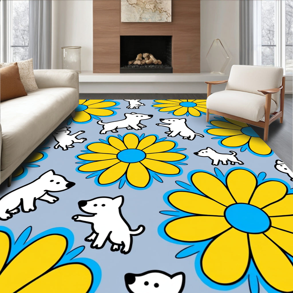 Playful White Dogs Yellow Flower Garland Rug