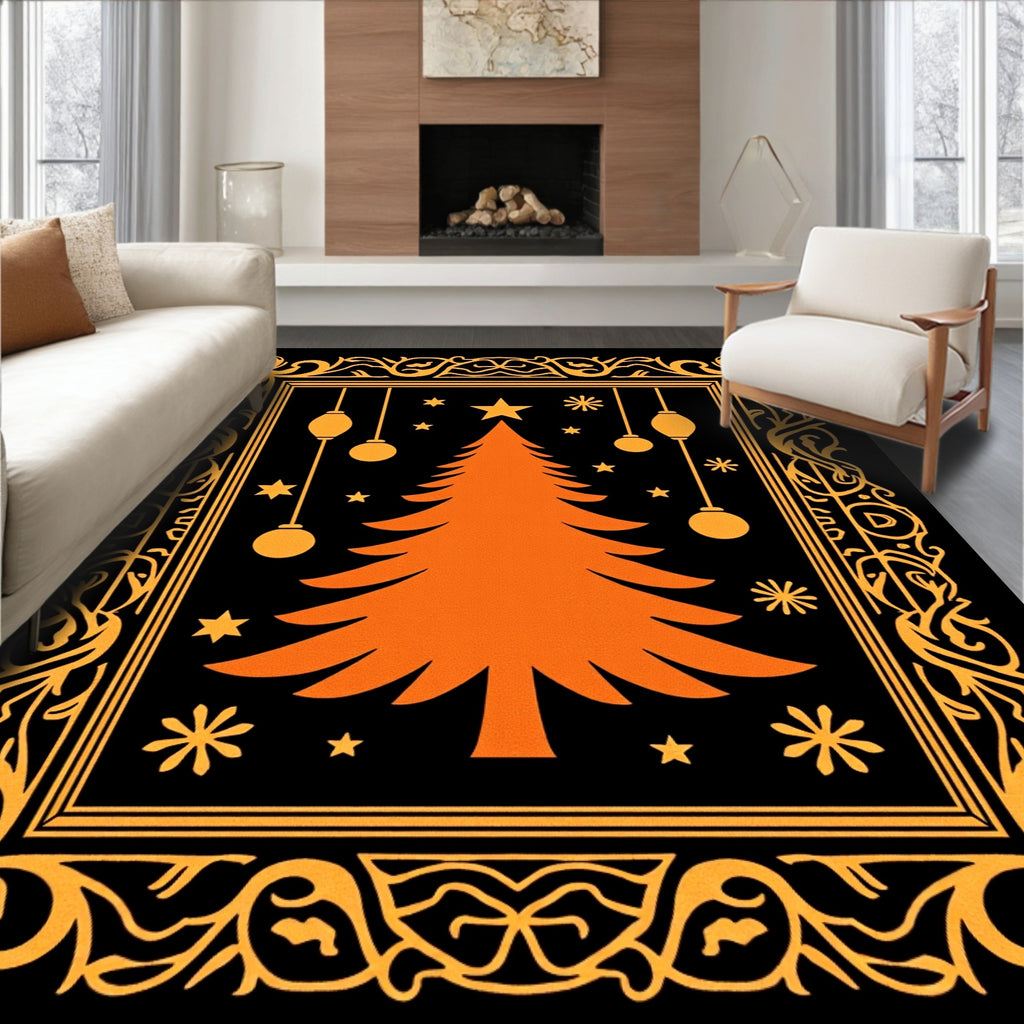 Orange Christmas Tree Festive Border Rug
