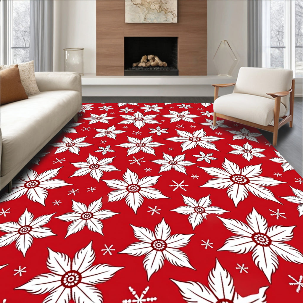 Festive Red White Floral Snowflakes Rug
