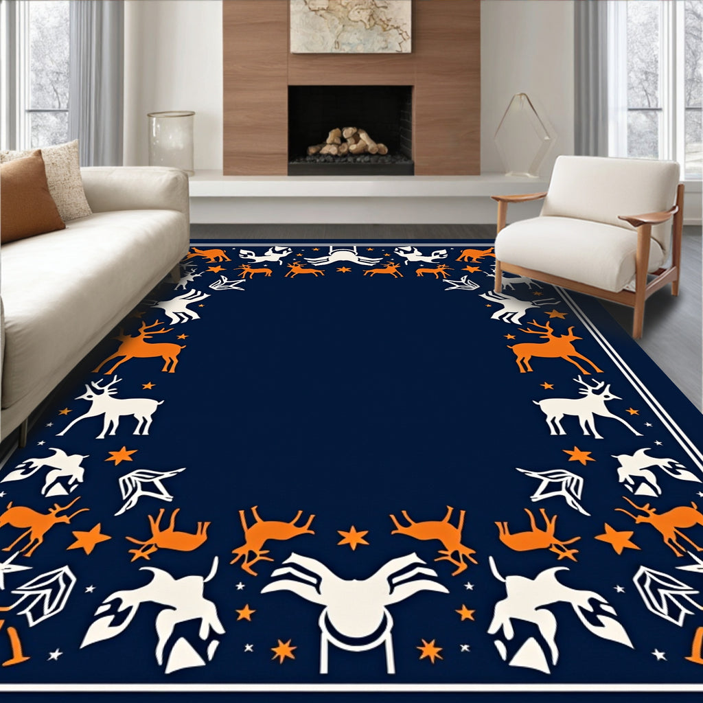 Orange White Deer Star Navy Border Rug