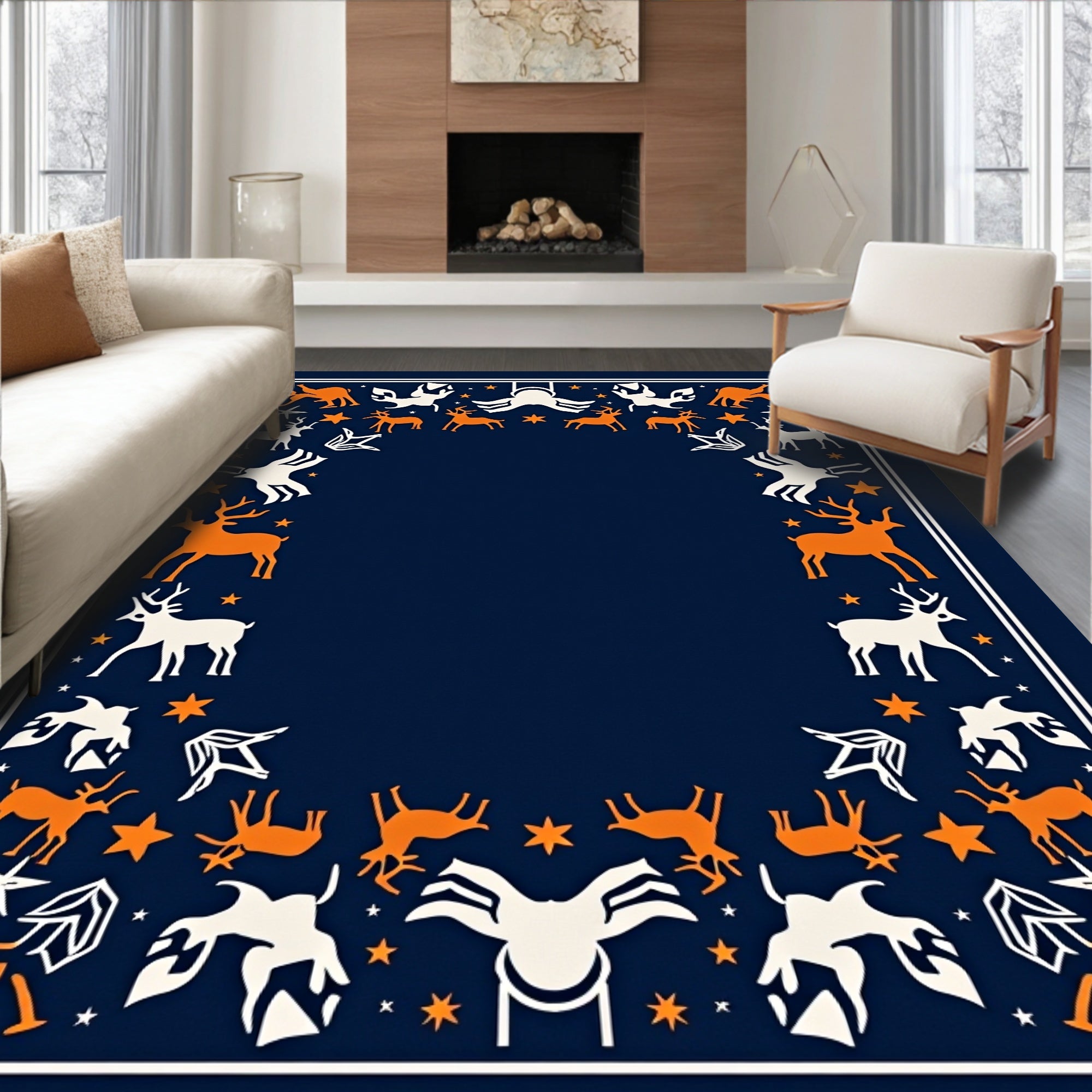 Orange White Deer Star Navy Border Rug