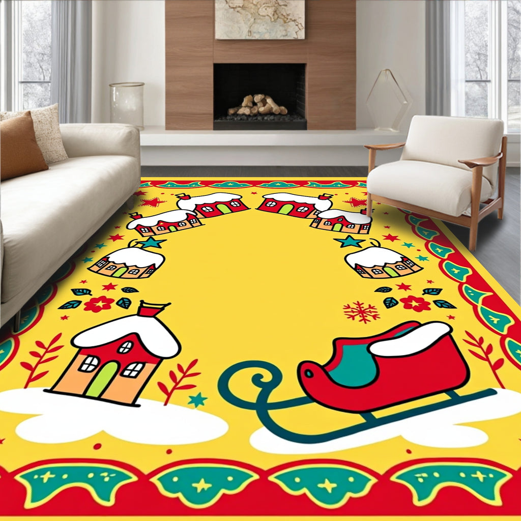 Whimsical Winter Village Sleigh Scene Rug