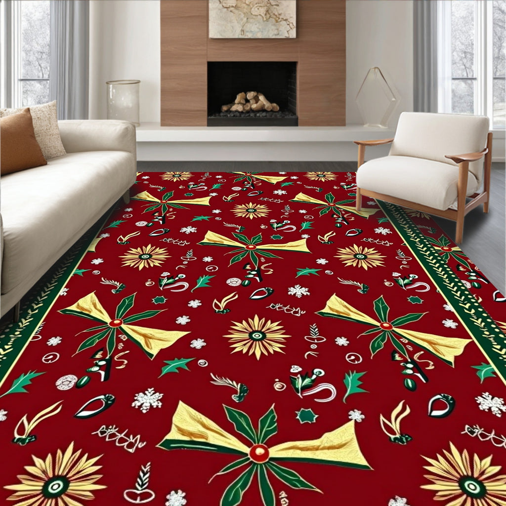 Festive Red Gold Poinsettia Bows Rug