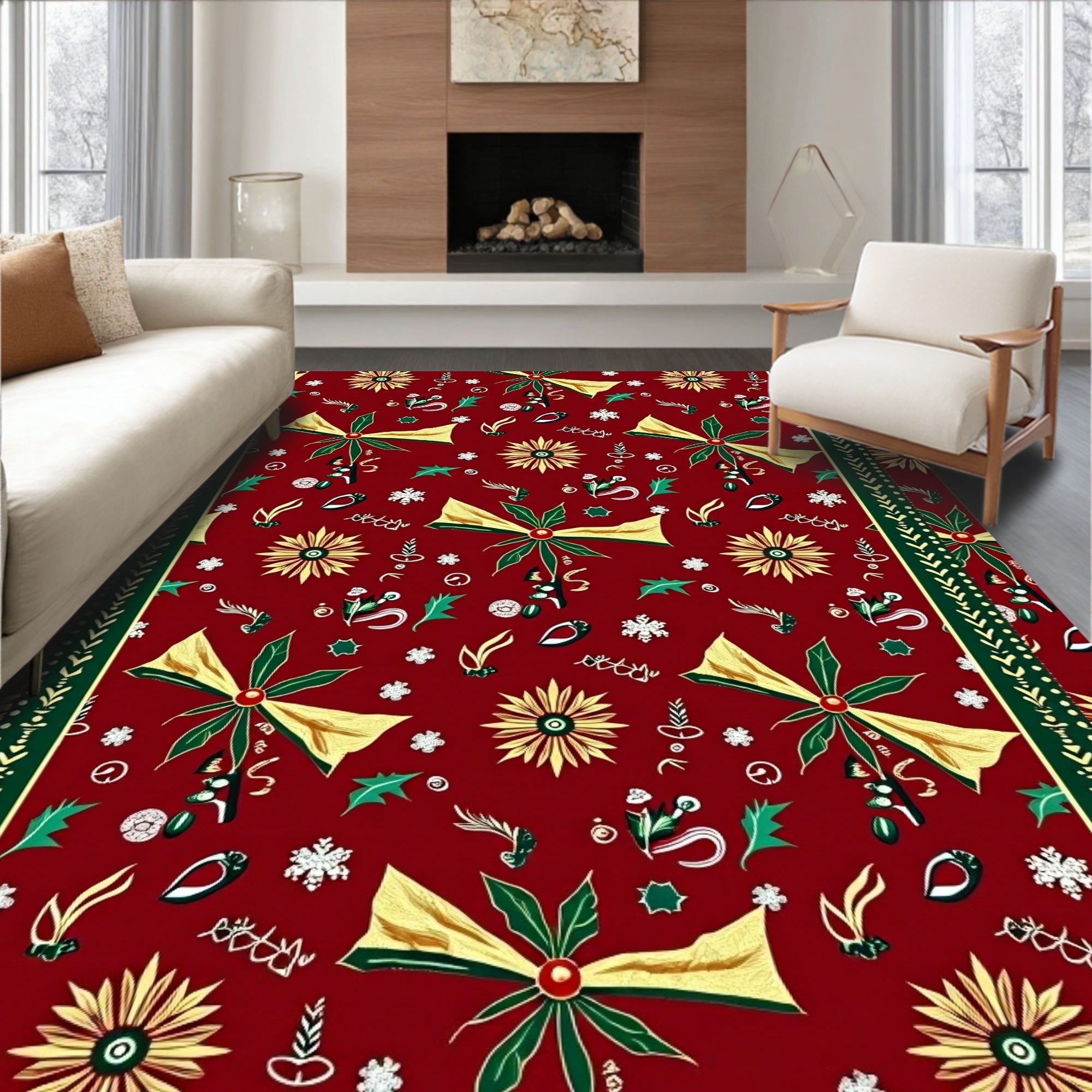 Festive Red Gold Poinsettia Bows Rug