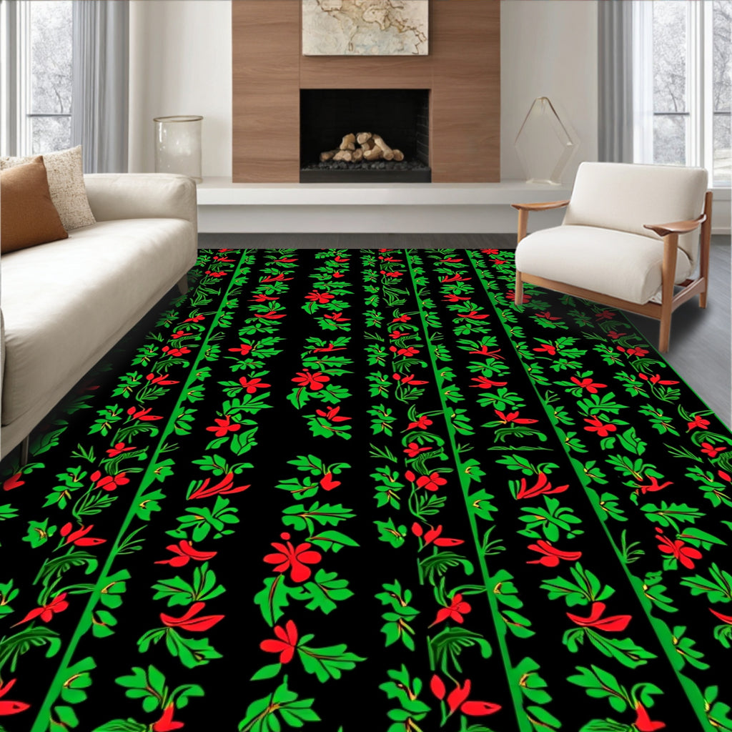 Crimson Red Green Floral Vertical Bands Rug