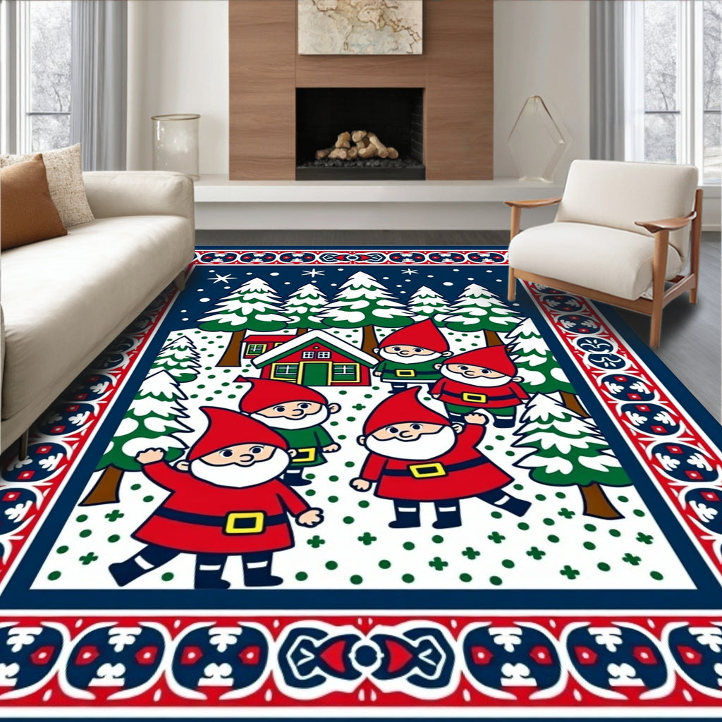 Festive Gnome Winter Forest Scene Rug