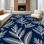 White Fern Leaves On Navy Background Rug