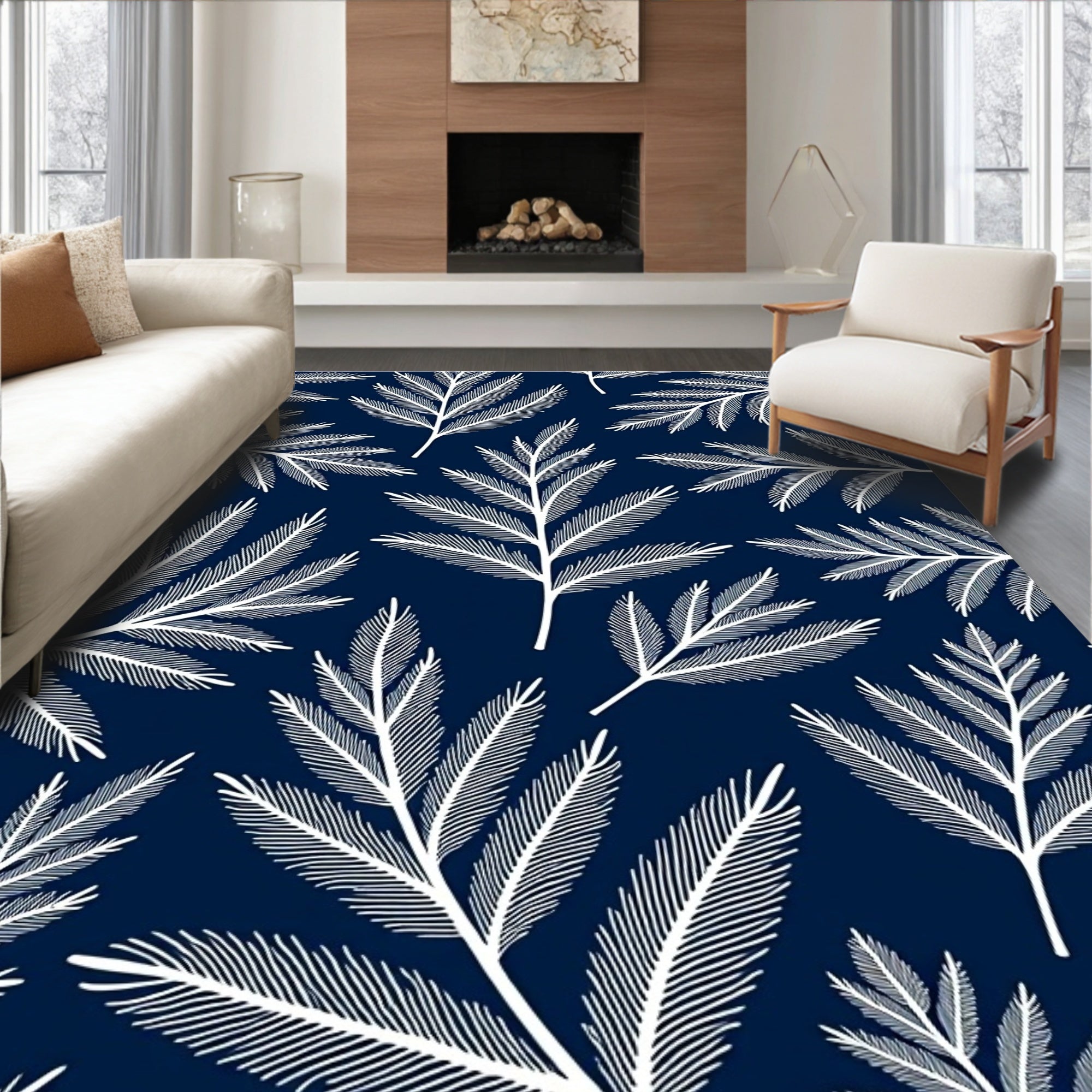 White Fern Leaves On Navy Background Rug