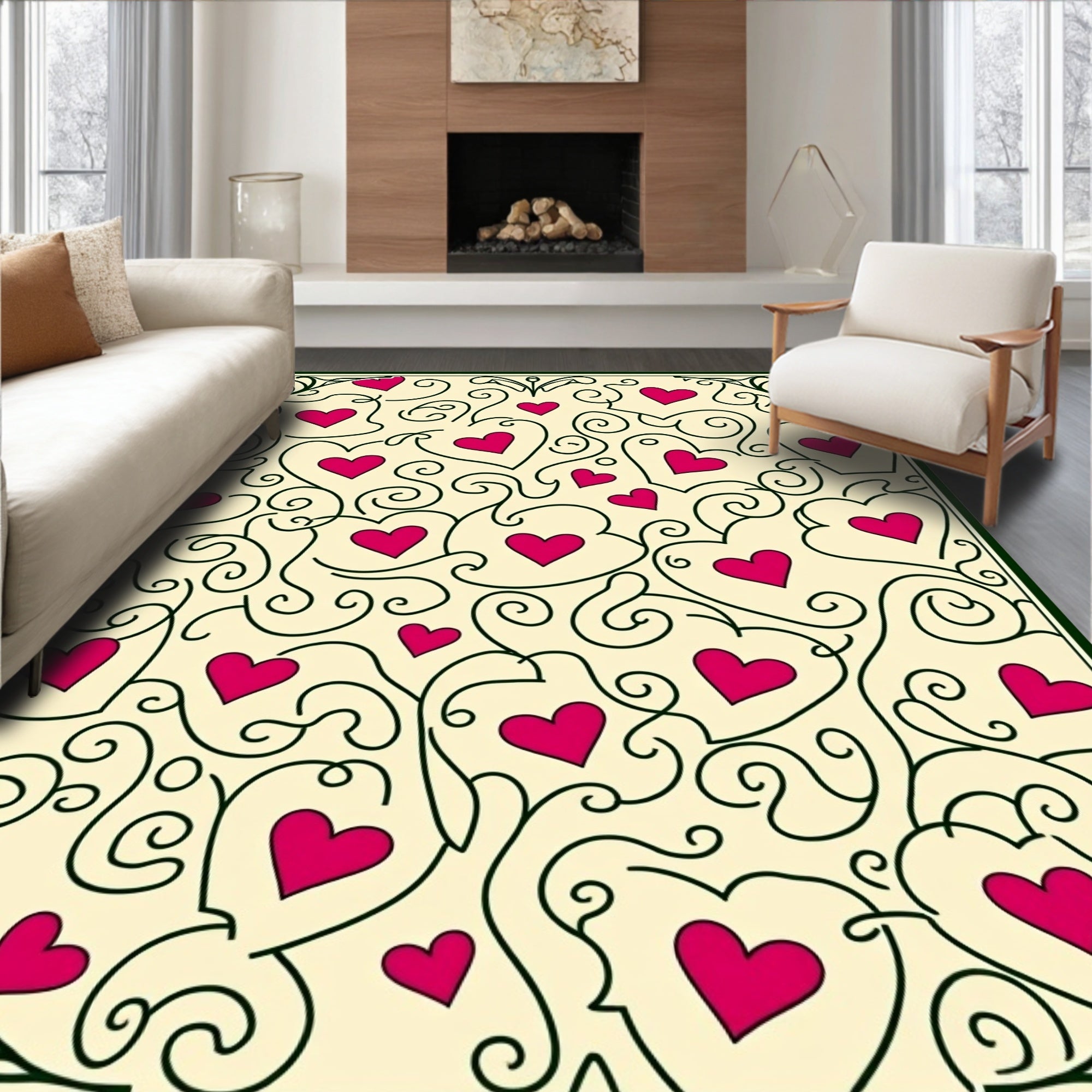 Crimson Heart Swirls On Cream Field Rug