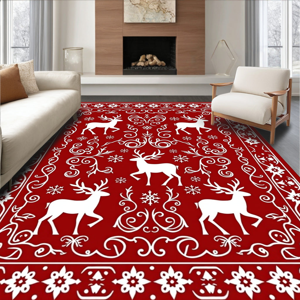 Crimson Reindeer Snowflake Border Rug