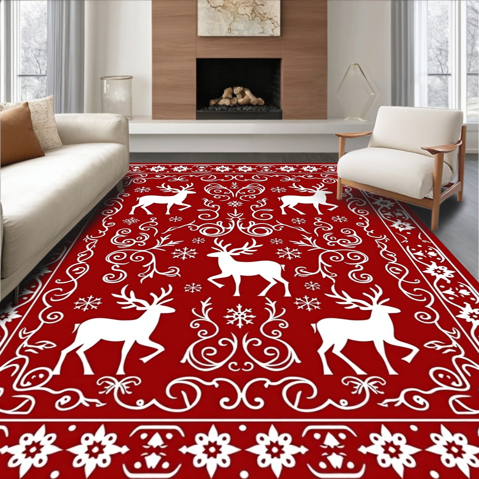Crimson Reindeer Snowflake Border Rug