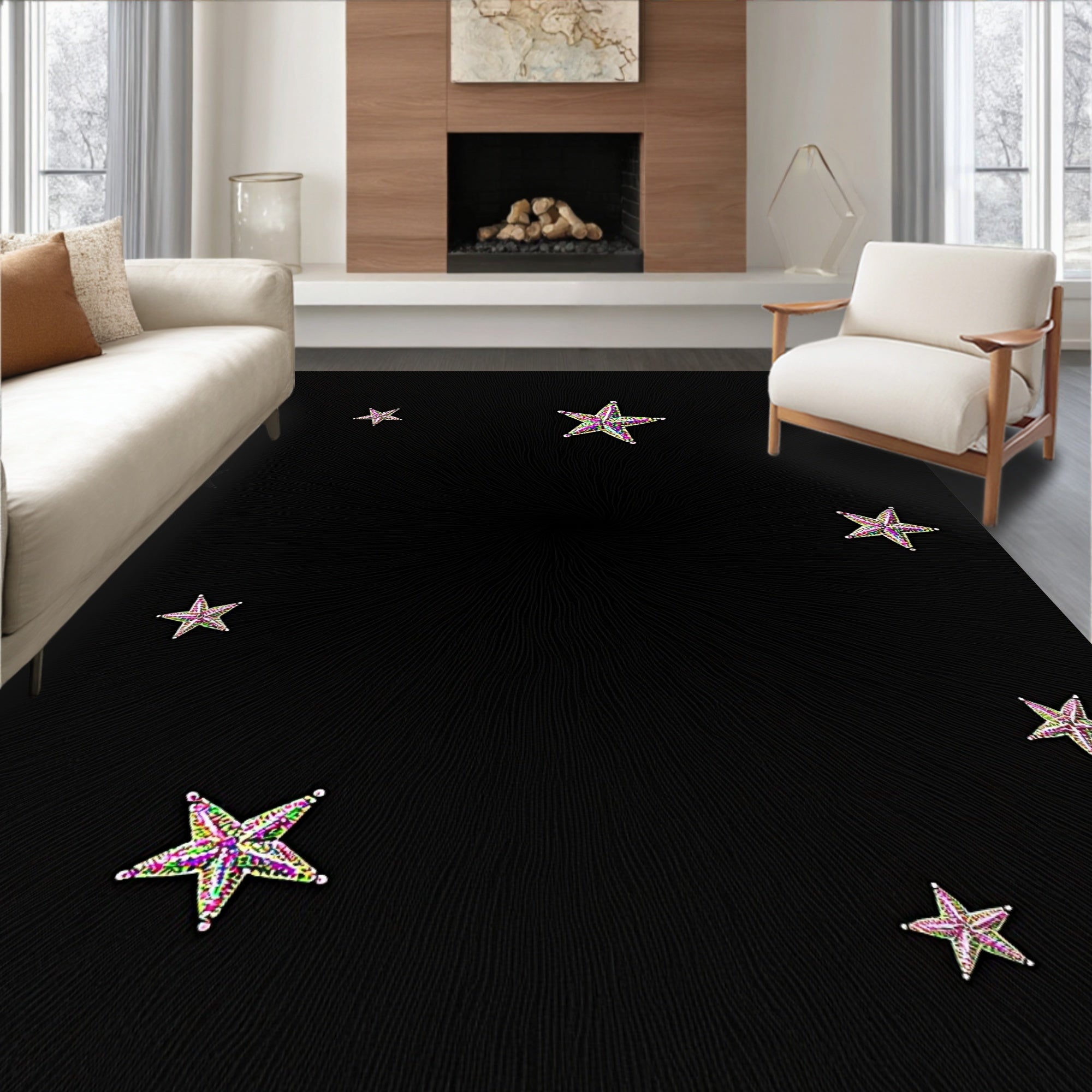 Sparkling Multicolor Star Scatter Across Black Rug
