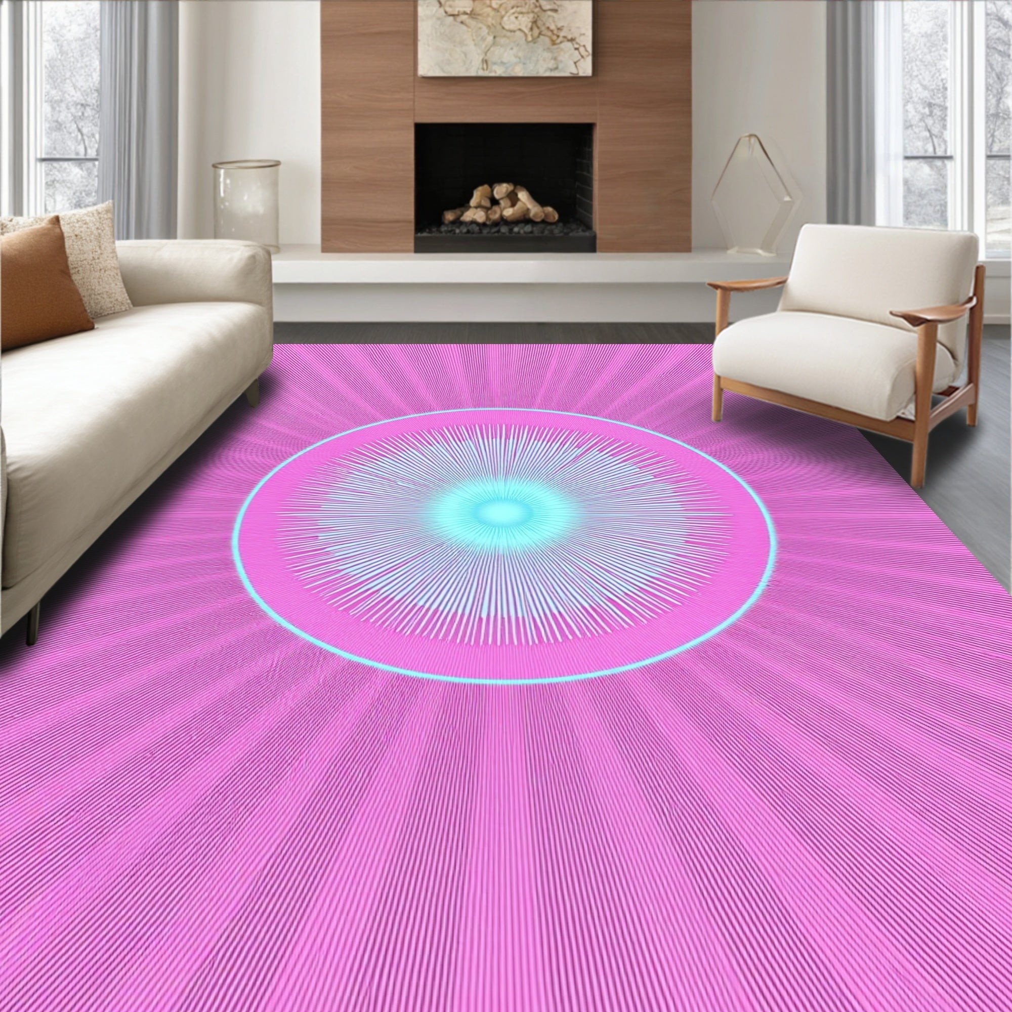 Bright Pink Cyan Burst Circle Rug