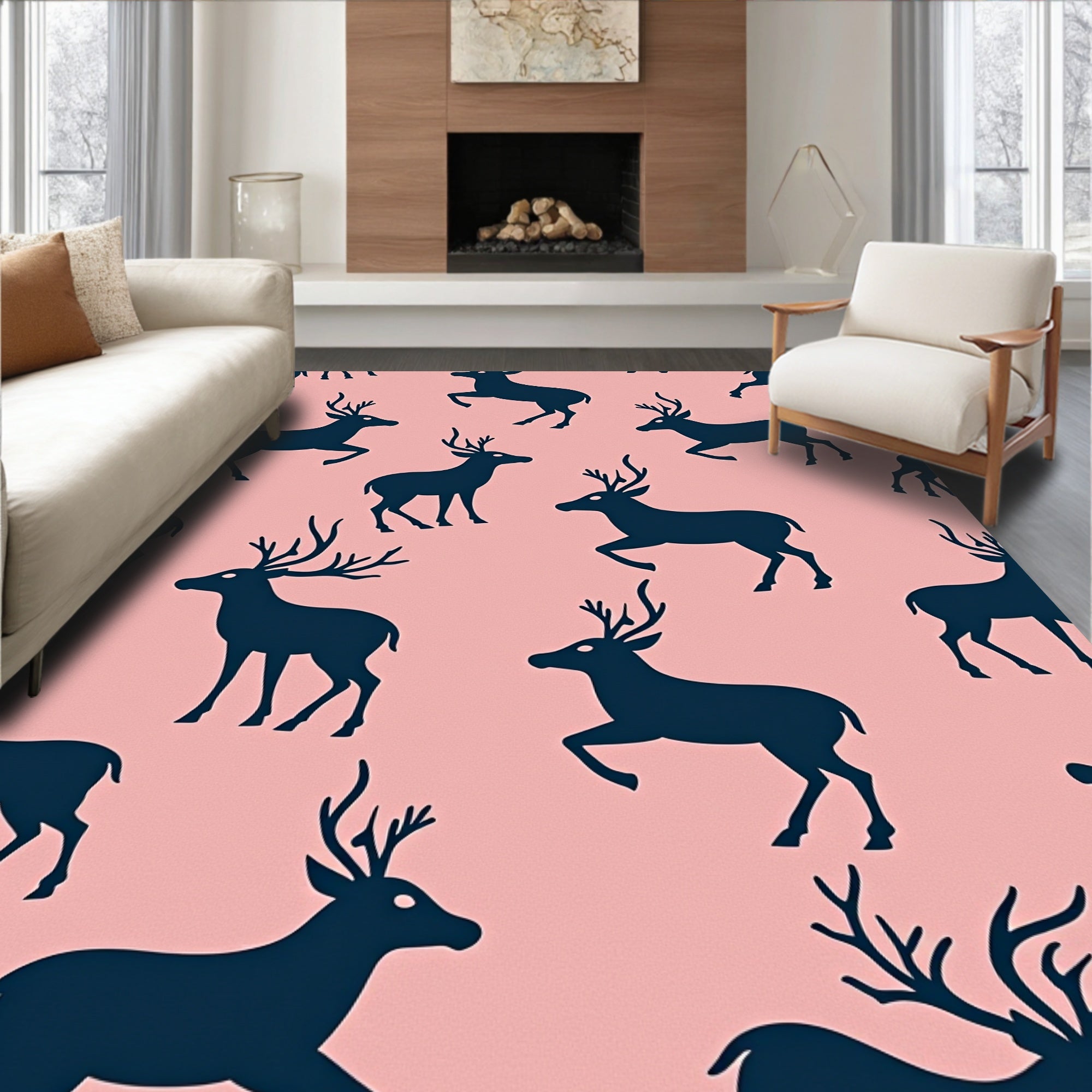 Navy Deer Silhouette Pink Background Rug