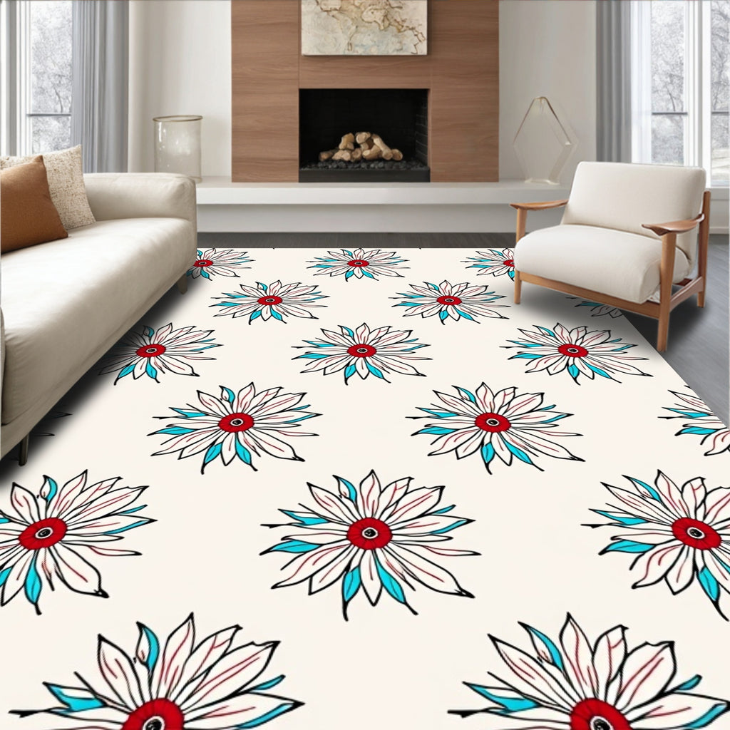 Crimson Blue White Floral Scatter Rug