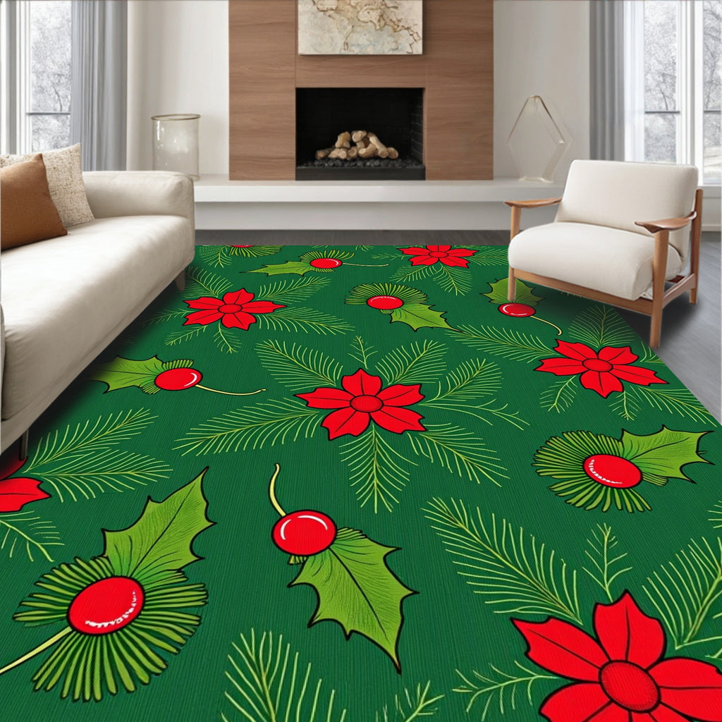 Green Red Christmas Holly Poinsettia Sprigs Rug