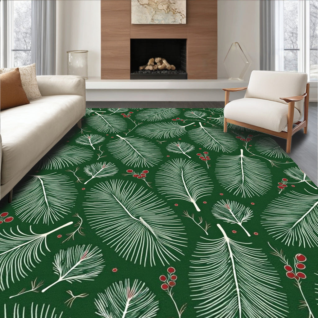 White Pine Needles Red Berries Green Rug