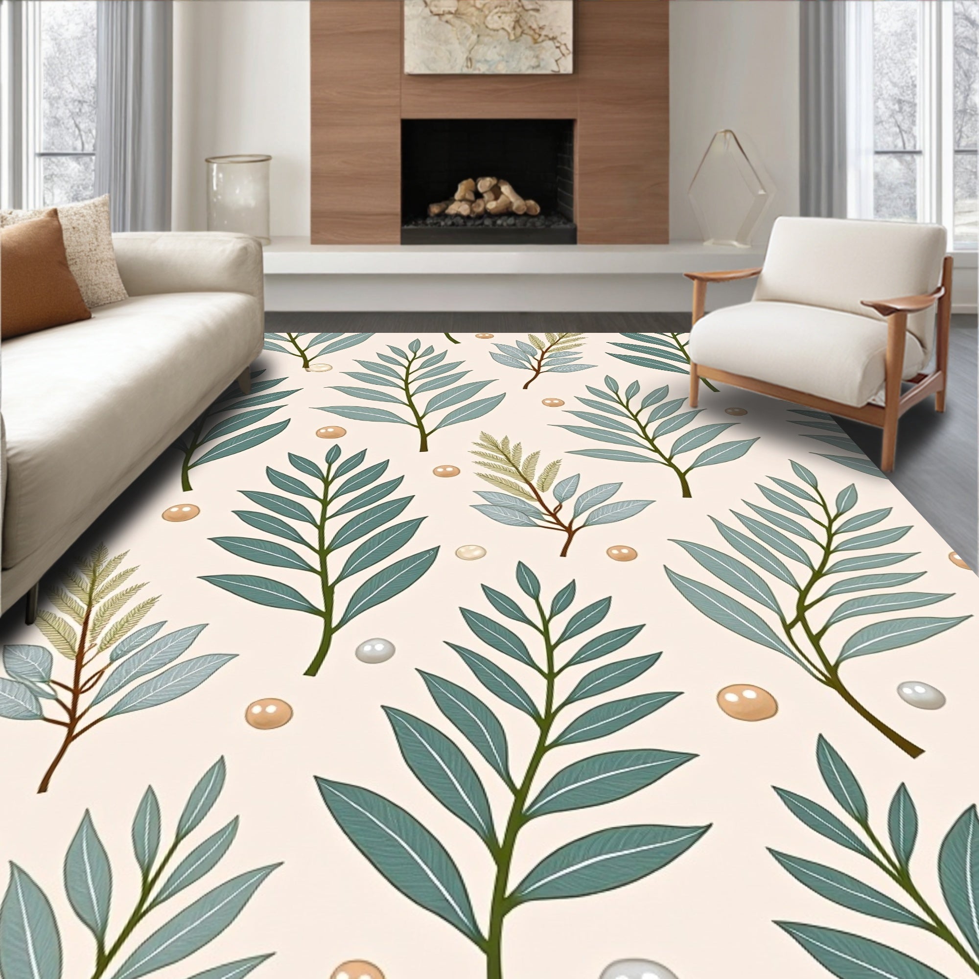 Sage Green Leaf And Pearl Garland Rug