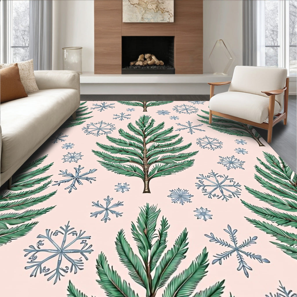 Green Pine Branches Blue Snowflakes Rug