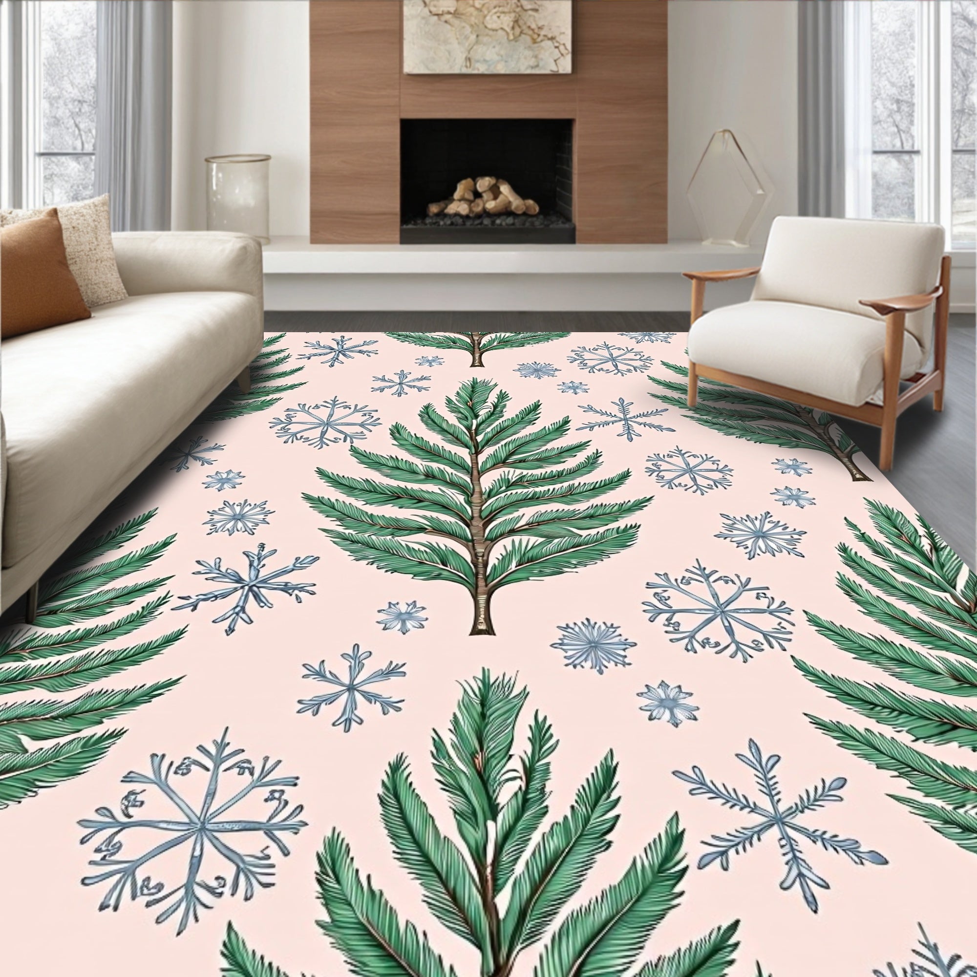 Green Pine Branches Blue Snowflakes Rug