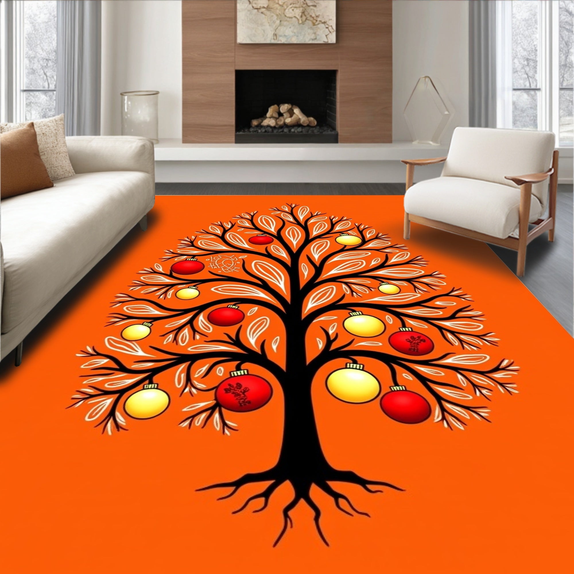 Whimsical red yellow ornamented tree Rug