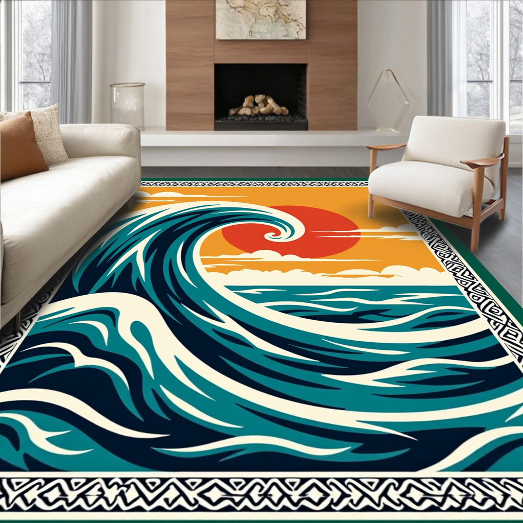 Crimson Sun Swirling Ocean Wave Rug