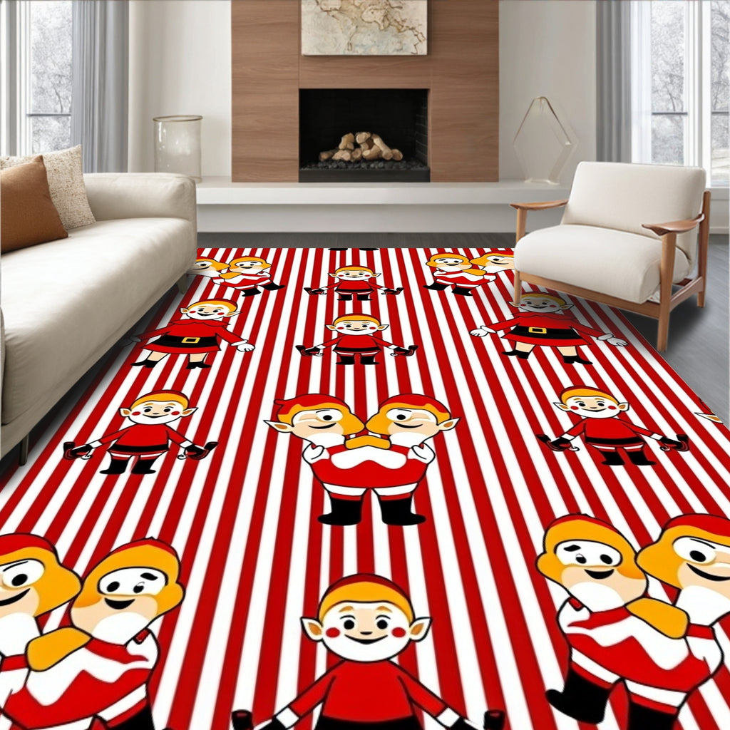 Red White Stripe Christmas Elves Rug